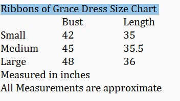 RIBBONS OF GRACE DRESS - Umgee size chart showing bust and length measurements for small, medium, and large.