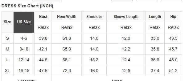POSITIVE POISE DRESS size chart in inches showing measurements for S, M, L, and XL sizes.