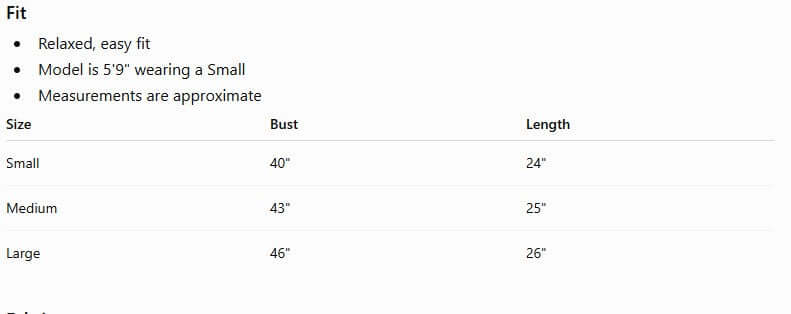 Size chart for BREAKFAST AT MIDNIGHT TOP, including bust and length measurements for Small, Medium, and Large.