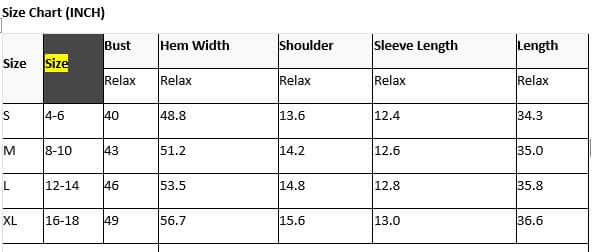 Size chart for My Kind of Happy Dress including bust, hem width, shoulder, sleeve length, and total length measurements.