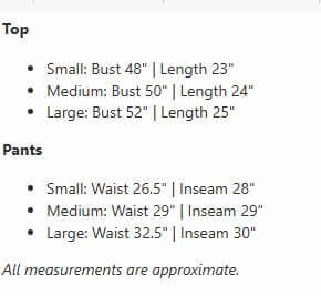 Size chart for Blue Haze Pants Set including bust and inseam measurements for all sizes.