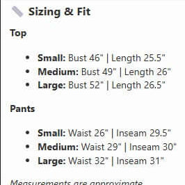 Sizing and fit chart for the MIDNIGHT REIGN PANTS SET (blk) by Zenana, including measurements for tops and pants.