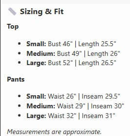 Sizing and fit chart for the MIDNIGHT REIGN PANTS SET (blk) by Zenana, including measurements for tops and pants.