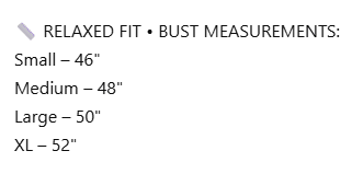 Bust measurements for SWEET TALK JACKET: Small 46", Medium 48", Large 50", XL 52"