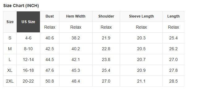 Size chart for Painted Christmas Tree sweatshirt with US size measurements and dimensions.