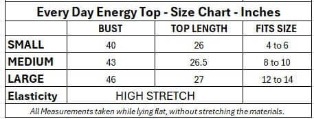 Everyday Energy Top size chart showing measurements for Small, Medium, and Large sizes with elasticity info.