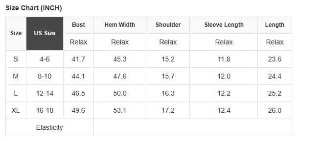Size chart for Porch Swing Petals top, featuring measurements for S, M, L, and XL sizes.