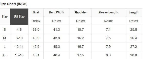 Size chart for clothing including bust, hem width, shoulder, sleeve length, and overall length measurements.