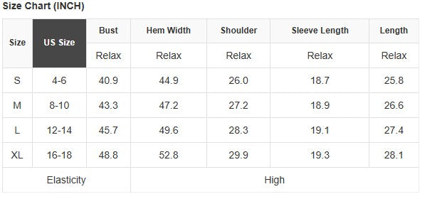 Size chart for CHIC INSTINCTS TOP in inches, including bust, hem width, shoulder, sleeve length, and length information.