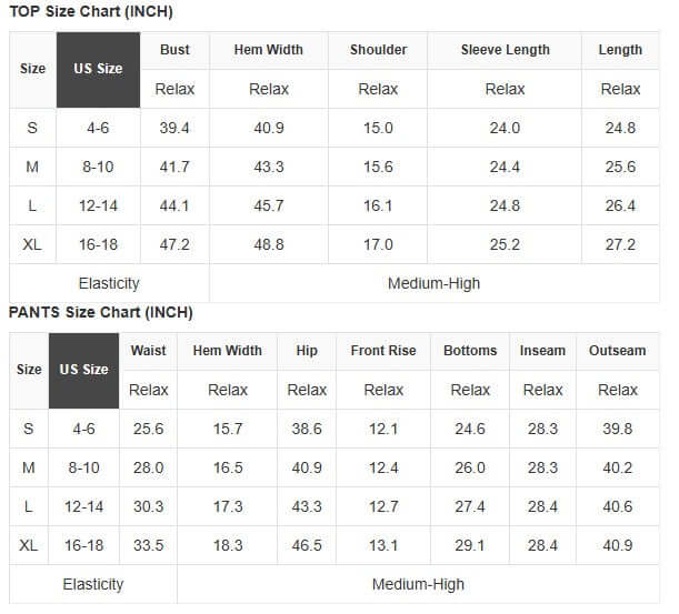 KRIS KRINGLE KOZY Pajama Set size chart for tops and pants with measurements for S, M, L, XL.