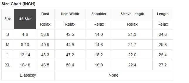 Size chart for TEMPLATE TOP (long sleeve) showing US sizes from S to XL with measurements in inches.