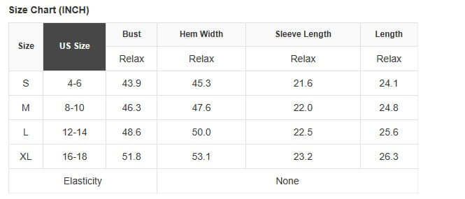 Size chart for UNTAMED ELEGANCE top showing US sizes and corresponding measurements in inches.