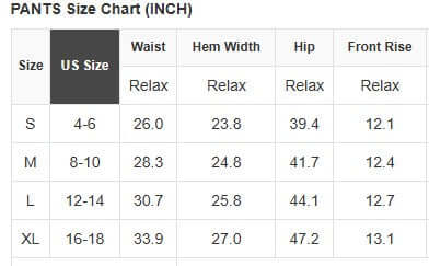 WILD GRACE 2 PC PANTS SET size chart displaying US sizes and measurements for pants.