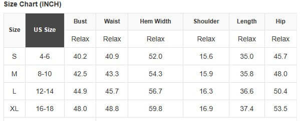 Size chart for RADIATE CONFIDENCE DRESS showing measurements for different sizes including bust, waist, and length.