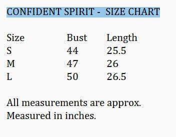 CONFIDENT SPIRIT TOP - Umgee size chart displaying bust and length measurements for S, M, and L.