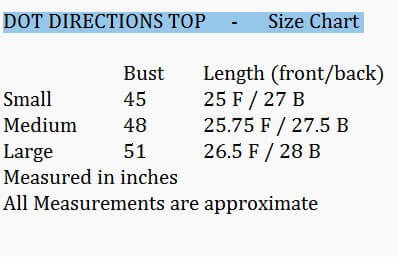 DOT DIRECTIONS TOP - Umgee (blacK) size chart detailing bust and length measurements in inches.