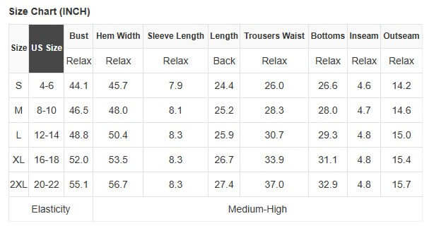 Size chart for CONFIDENT COMFORT SHORTS SET, displaying bust, hem width, sleeve length, trouser measurements and more.