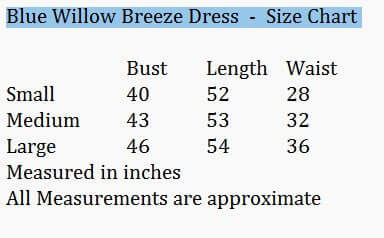 Blue Willow Breeze Dress - Size Chart showing bust, length, and waist measurements for small, medium, and large sizes.