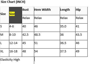 Size chart for HERE FOR IT DRESS outlining sizes S, M, L, XL with measurements for bust, hem width, length, and hip.