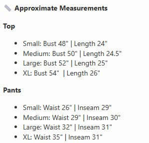 Approximate measurements for PEACEFUL PACE 2 Piece Set in various sizes for top and pants.