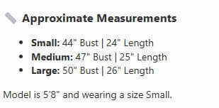 Approximate measurements for SPOT OF STYLE TOP in small, medium, and large sizes. Model is 5'8" wearing size small.