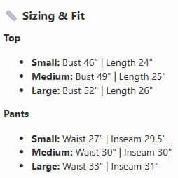 Sizing information for Bonfire Nights Pants Set (cocoa), including measurements for tops and pants.