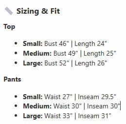Sizing information for Bonfire Nights Pants Set (cocoa), including measurements for tops and pants.