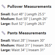 Farmhouse Fave Set (dusty blue) pullover and pants measurements chart by Zenana.