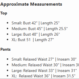 Approximate measurements for the BETTER TOGETHER SET top and pants in various sizes.