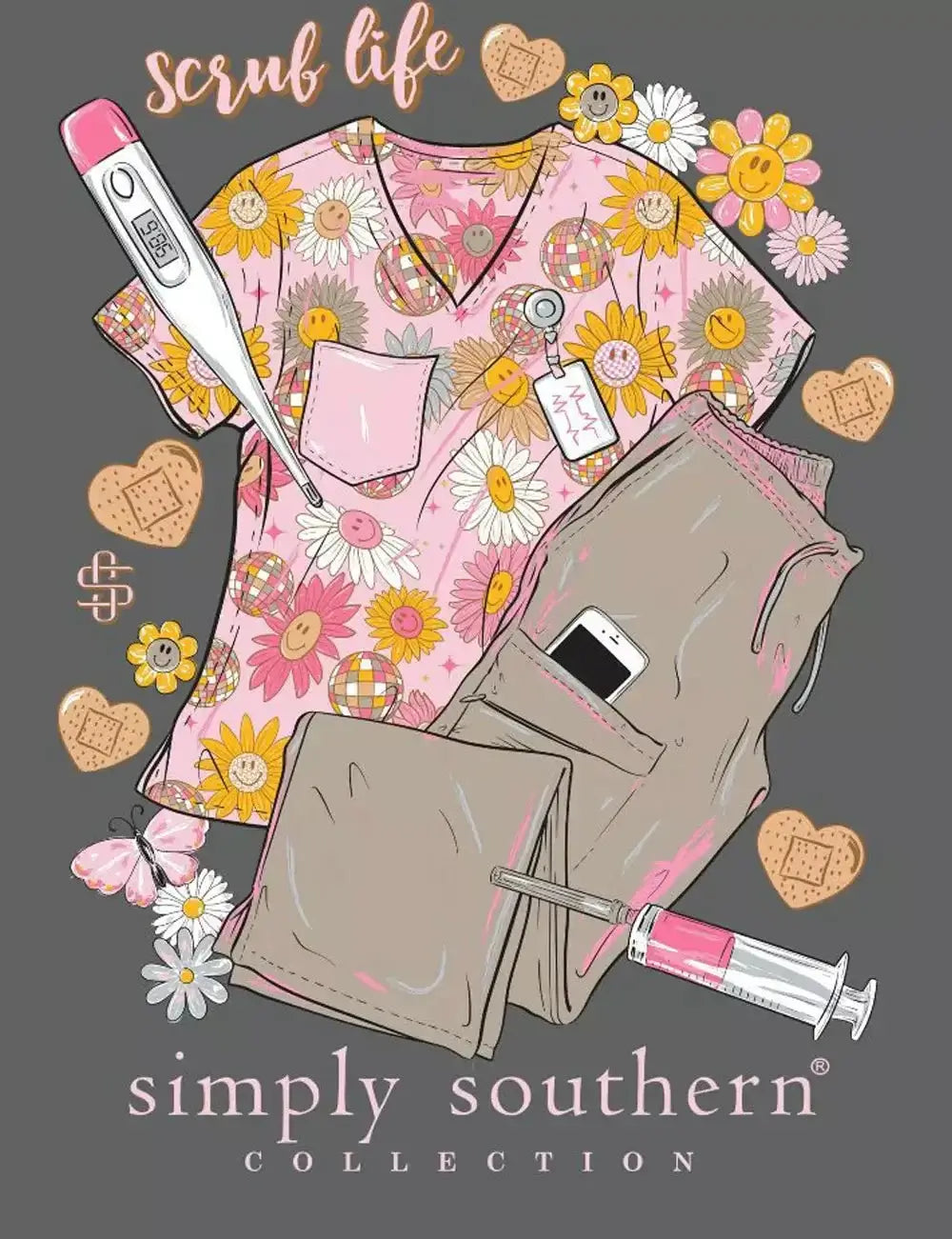 SIMPLY SOUTHERN Scrub Life Tee featuring a floral design and matching scrub pants, perfect for healthcare professionals.