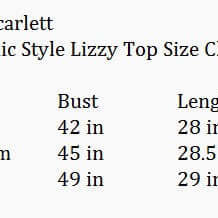 Size chart for DYNAMIC STYLE TOP - Dear Scarlett (blue) showing bust and length measurements for Small, Medium, and Large.
