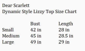 Dynamic Style Top - Dear Scarlett (pink) size chart showing bust and length measurements for small, medium, and large sizes.