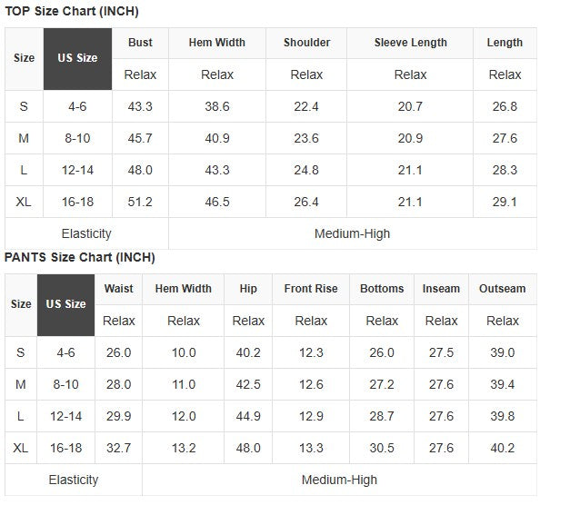 Size chart for SOFT TERRAIN 2 pc Lounge Set including measurements for tops and pants in inches.