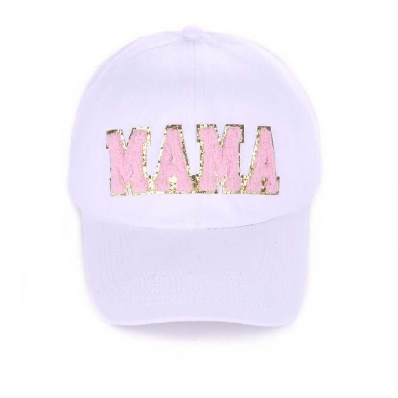 MAMA CHENNILLE PATCH HAT - Zenana in white with pink chenille lettering on a classic cap design.