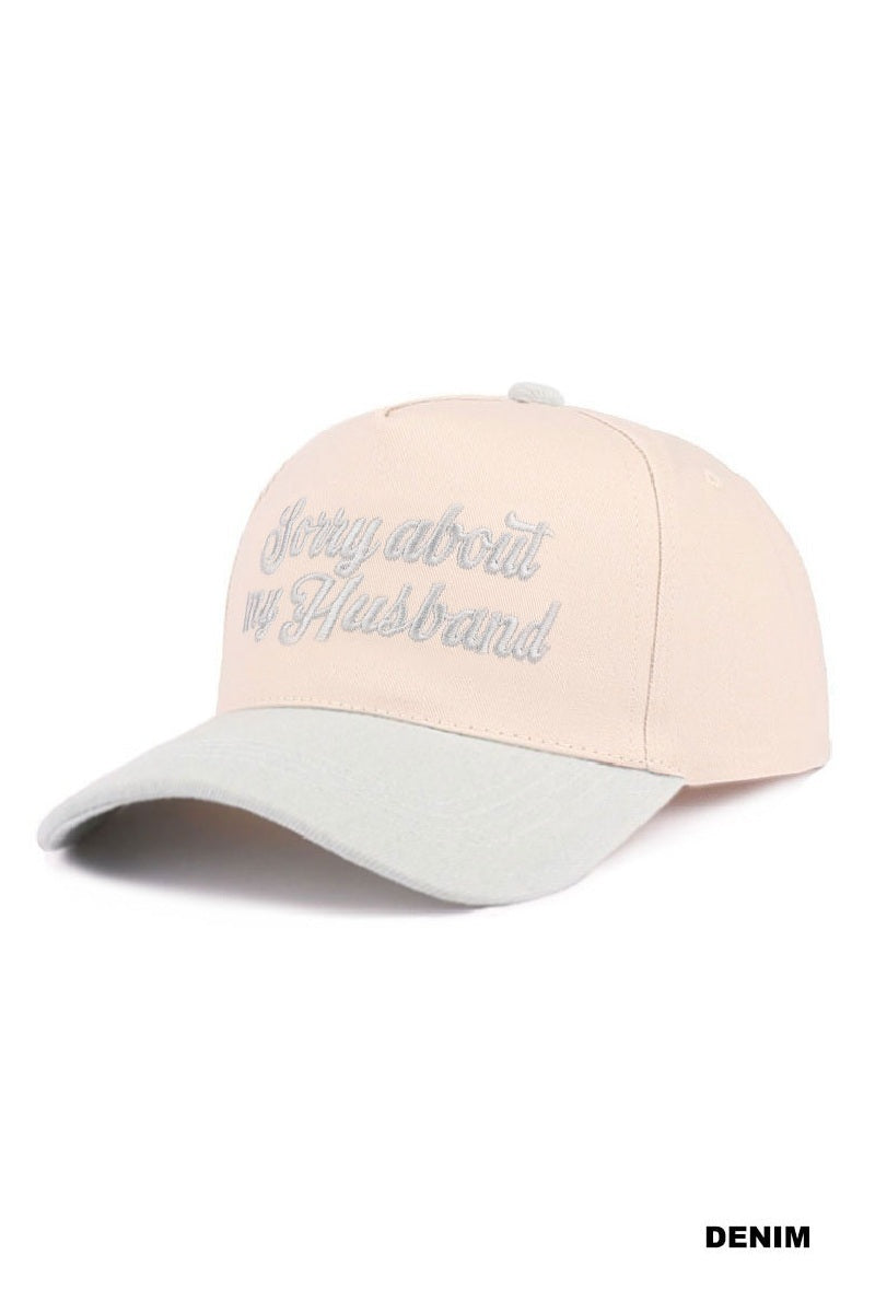 SORRY ABOUT MY HUSBAND HAT (6 colors) in light pink with grey brim and embroidered script, perfect for casual style.