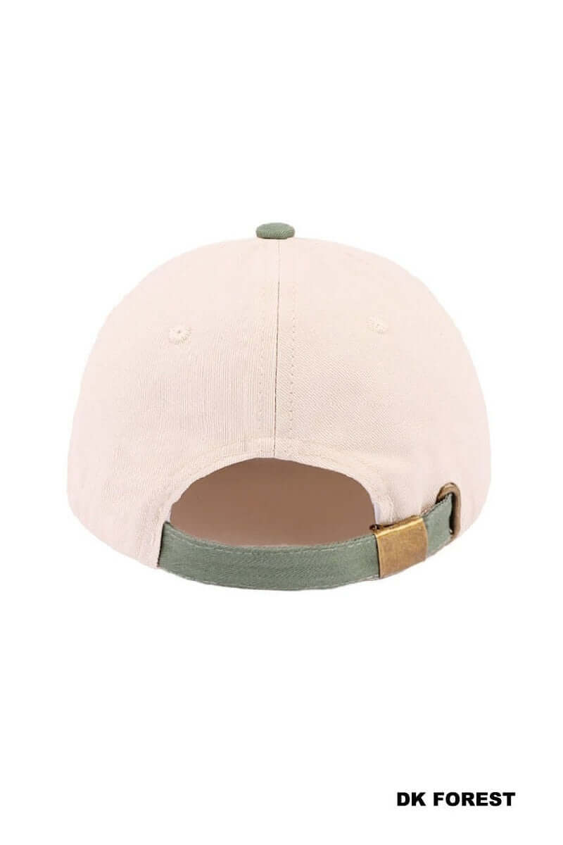 Back view of SORRY ABOUT MY HUSBAND HAT (6 colors), showcasing cream base and adjustable strap in DK Forest.
