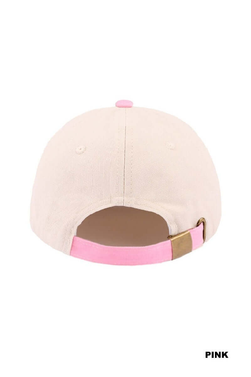 Back view of SORRY ABOUT MY HUSBAND HAT (6 colors) in light pink showing the adjustable strap and chic design.