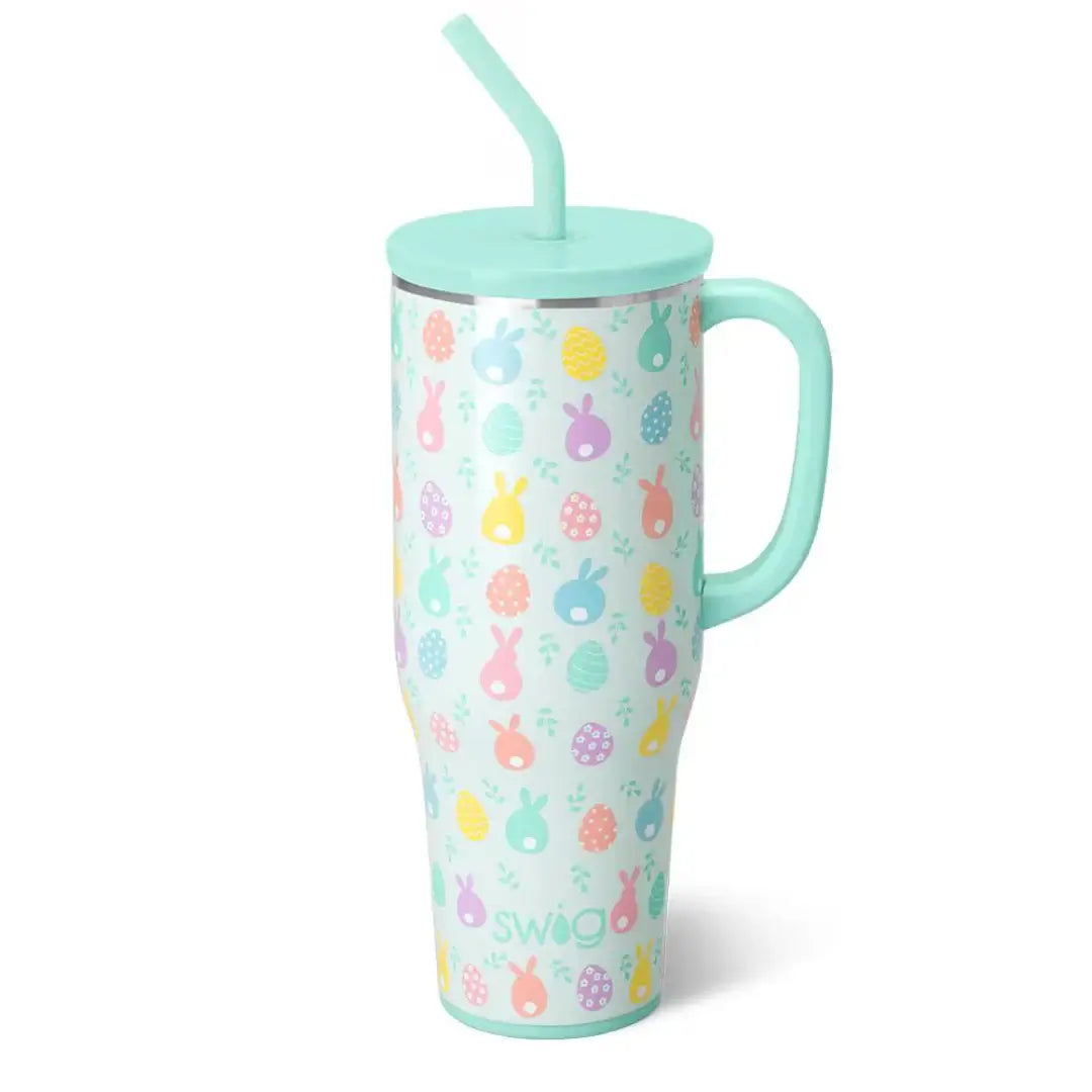 EGG HUNT 40 OZ MEGA MUG - Swig Life with pastel bunnies and eggs design, reusable straw for hydration.