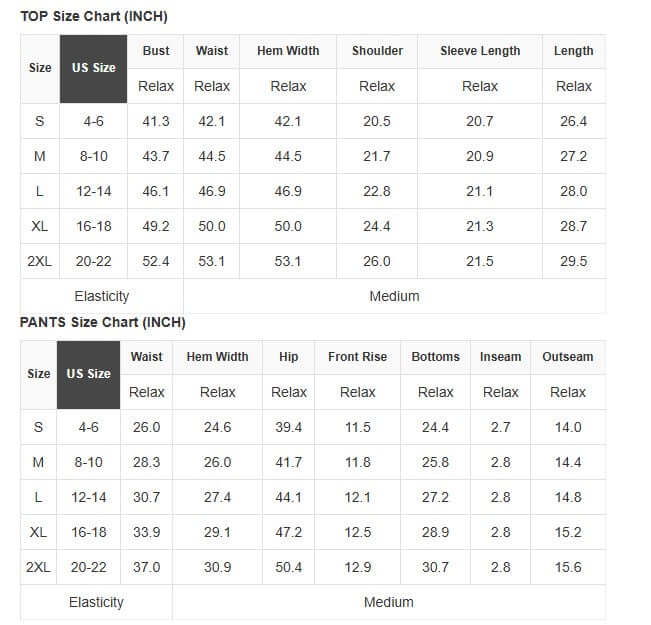Very Merry Ribbed 2 Piece Set size chart with measurements for tops and pants in inches, including bust, waist, and inseam.