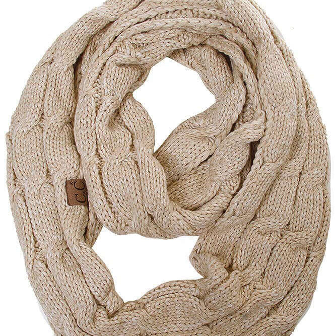 C.C Fable Infinity Scarf in Winter Beige, cozy cable knit design, stylish accessory for cold weather.