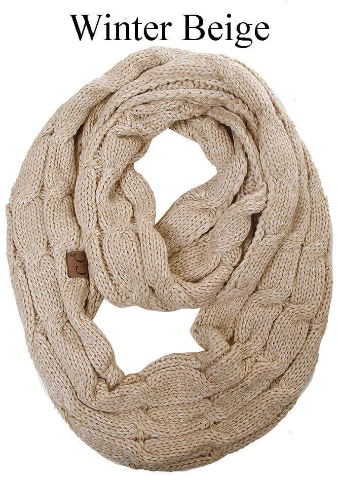 C.C Fable Infinity Scarf in Winter Beige, cozy cable knit design, stylish accessory for cold weather.