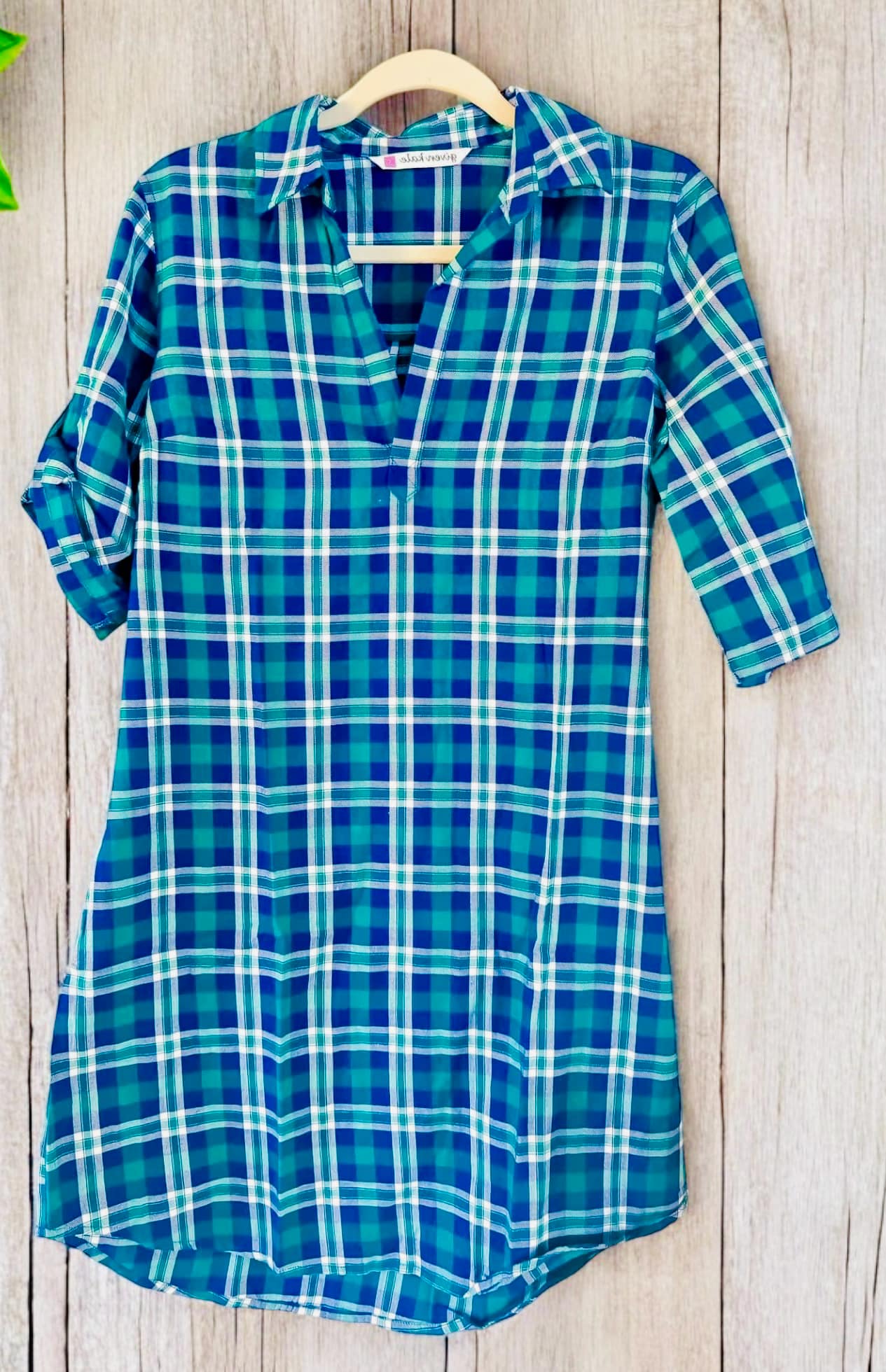 PLAID RUSH Dress by Given Kale, blue-green plaid, adjustable sleeves, ideal fall/winter outfit.