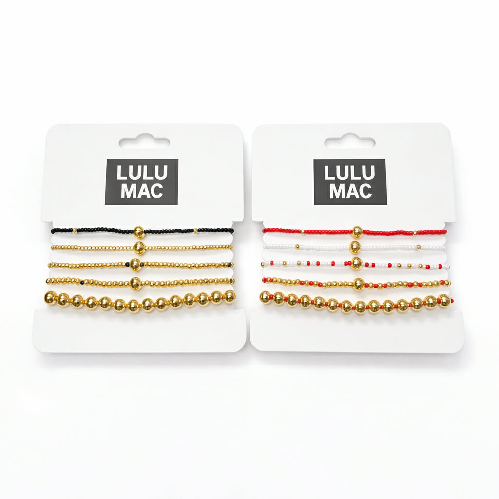 LULU MAC STACKED SERENITY 5 BRACELET SET in black & gold and red/white & gold configurations, super cute and will go with anything.