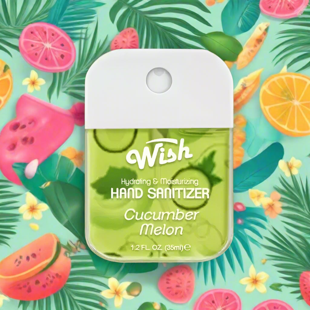 WISH Hand Sanitizer in Cucumber Melon scent, 35ml size, hydrating formula with a refreshing summer background.