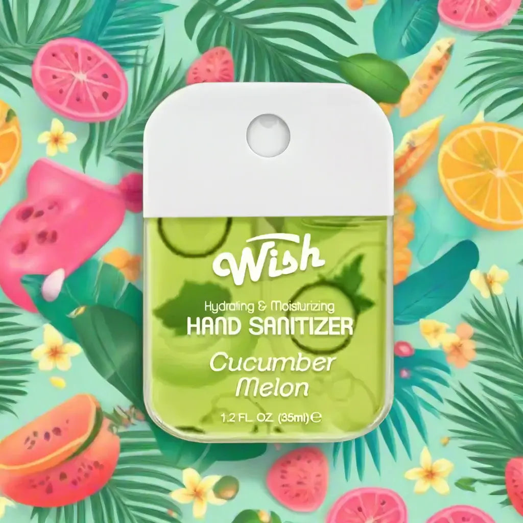 WISH HAND SANITIZER NEW (8 SCENTS AVAILABLE) in Cucumber Melon scent on a colorful fruit background.