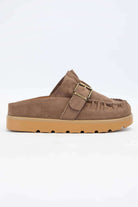 LAIDBACK LUXE SLIDES (mocha) side view showcasing chic moccasin design with a comfortable sole.
