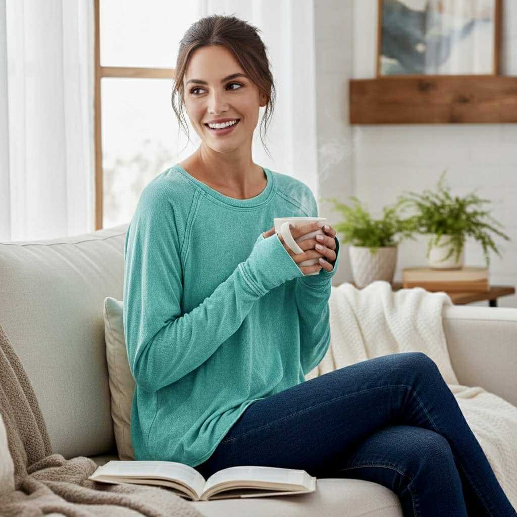 Coastline Calm - Zenana (aqua) top in a cozy living room, featuring soft fabric and thumbhole cuffs, perfect for everyday wear.