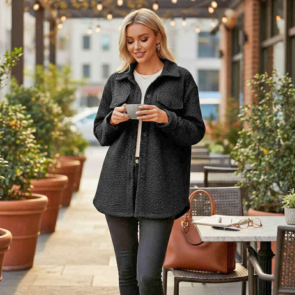 WARM IMPRESSIONS BUTTON DOWN shacket in black worn by woman while holding coffee outdoors.