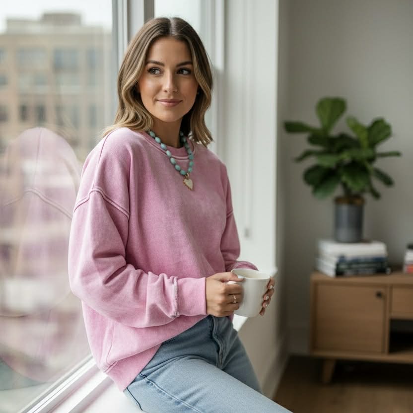 Woman wearing a bright pink Comfort Crush Crewneck sweatshirt, holding a white mug, stylishly seated by a window.