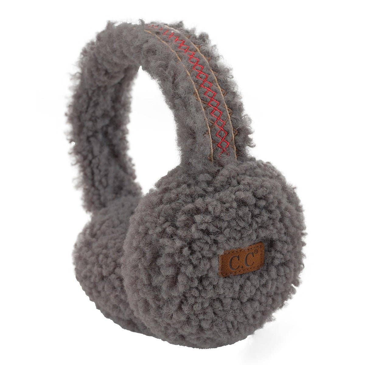 C.C. Sherpa Earmuffs (3 colors) in gray with plush texture and adjustable band for winter warmth and comfort.
